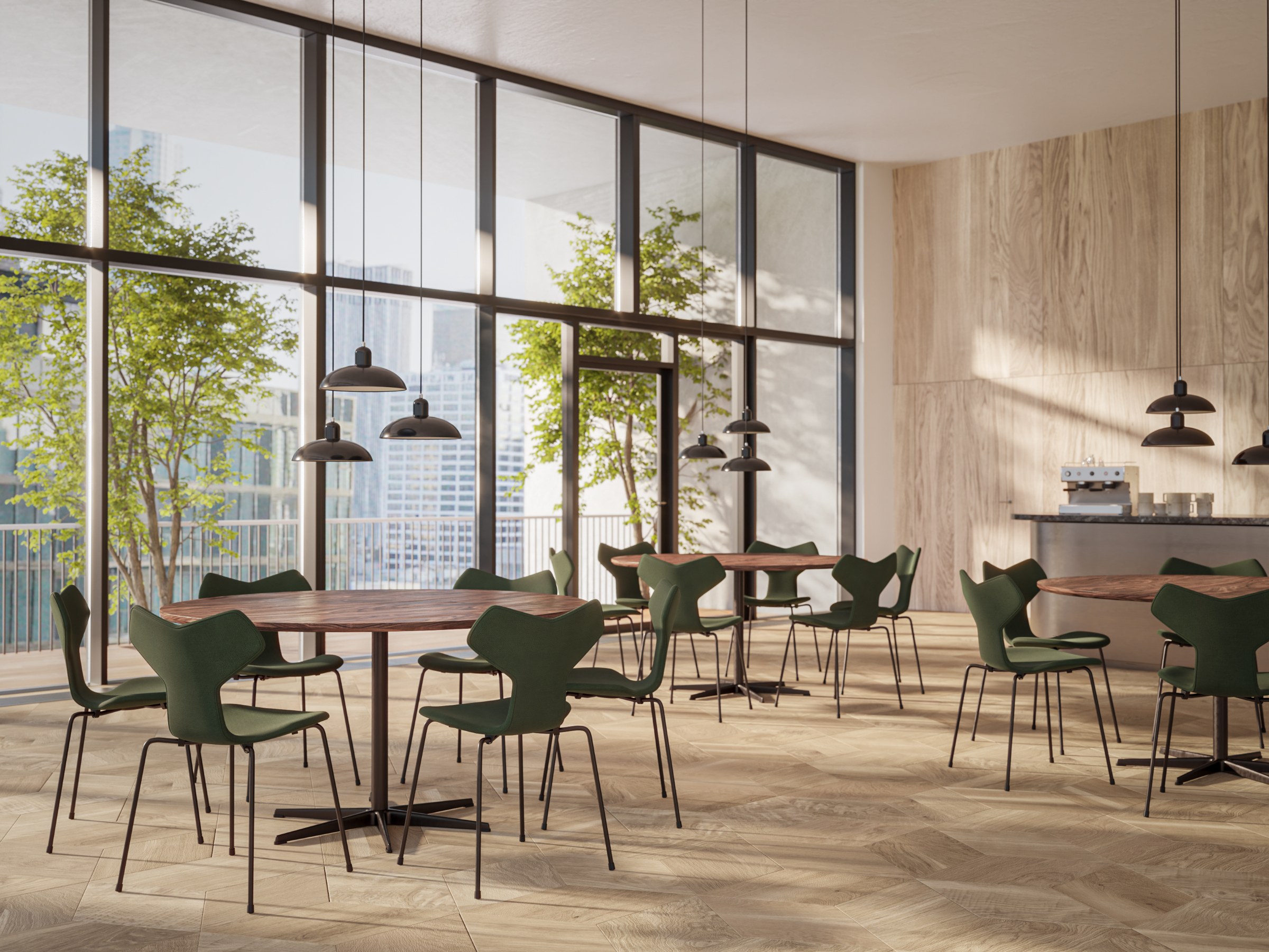 Fritz Hansen Grand Prix™ stole i Evergreen ved Circular™ borde i café