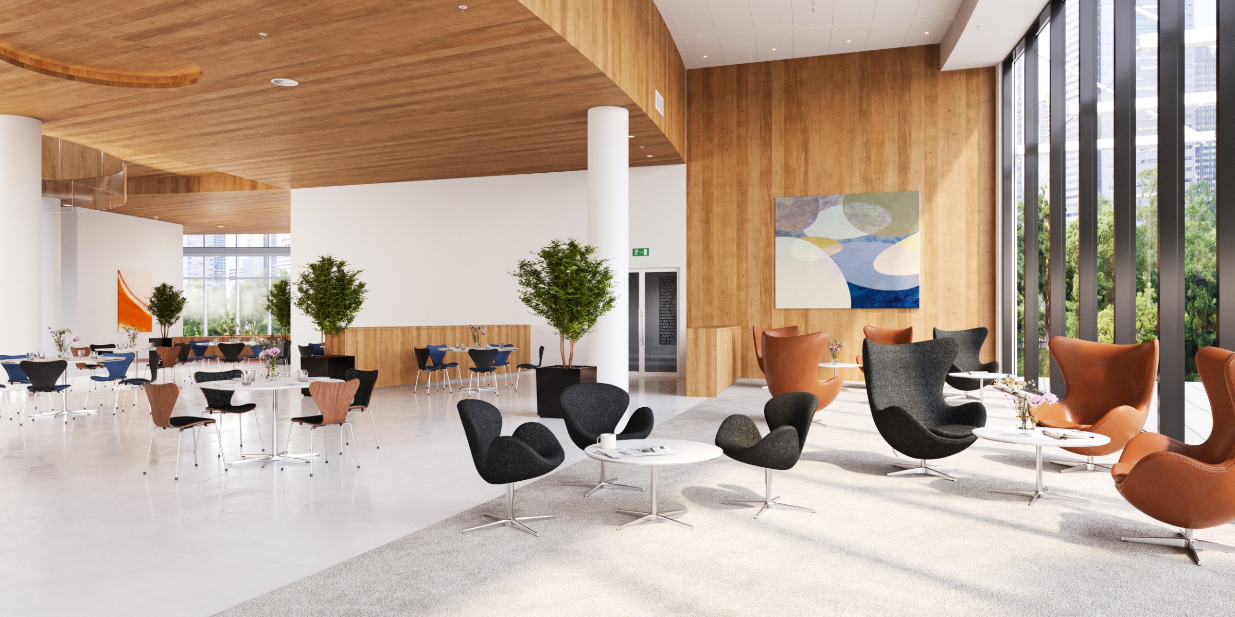Ægget™ og Svanen™ i kantine- og loungeområde Fritz Hansen Ægget™ og Svanen™ i kantine- og loungeområde