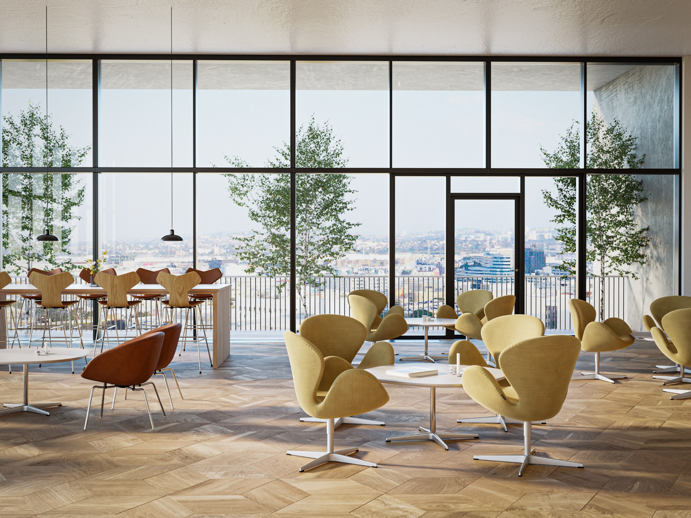 Fritz Hansen Svanen™ loungestole i lounge med Pot™ og Grand Prix™