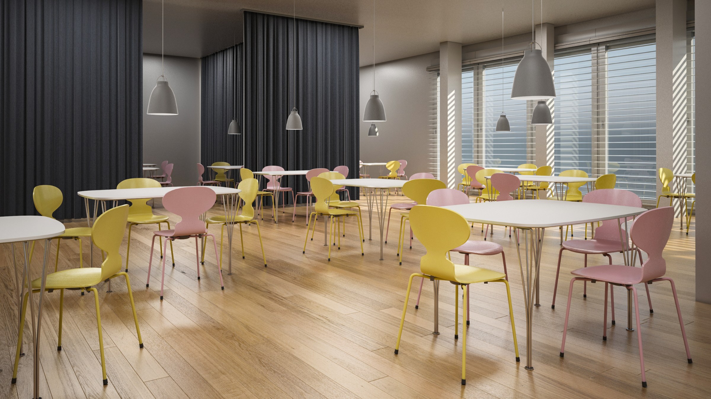 Fritz Hansen Myren™ stole i gul og rosa i kantine og mødemiljø