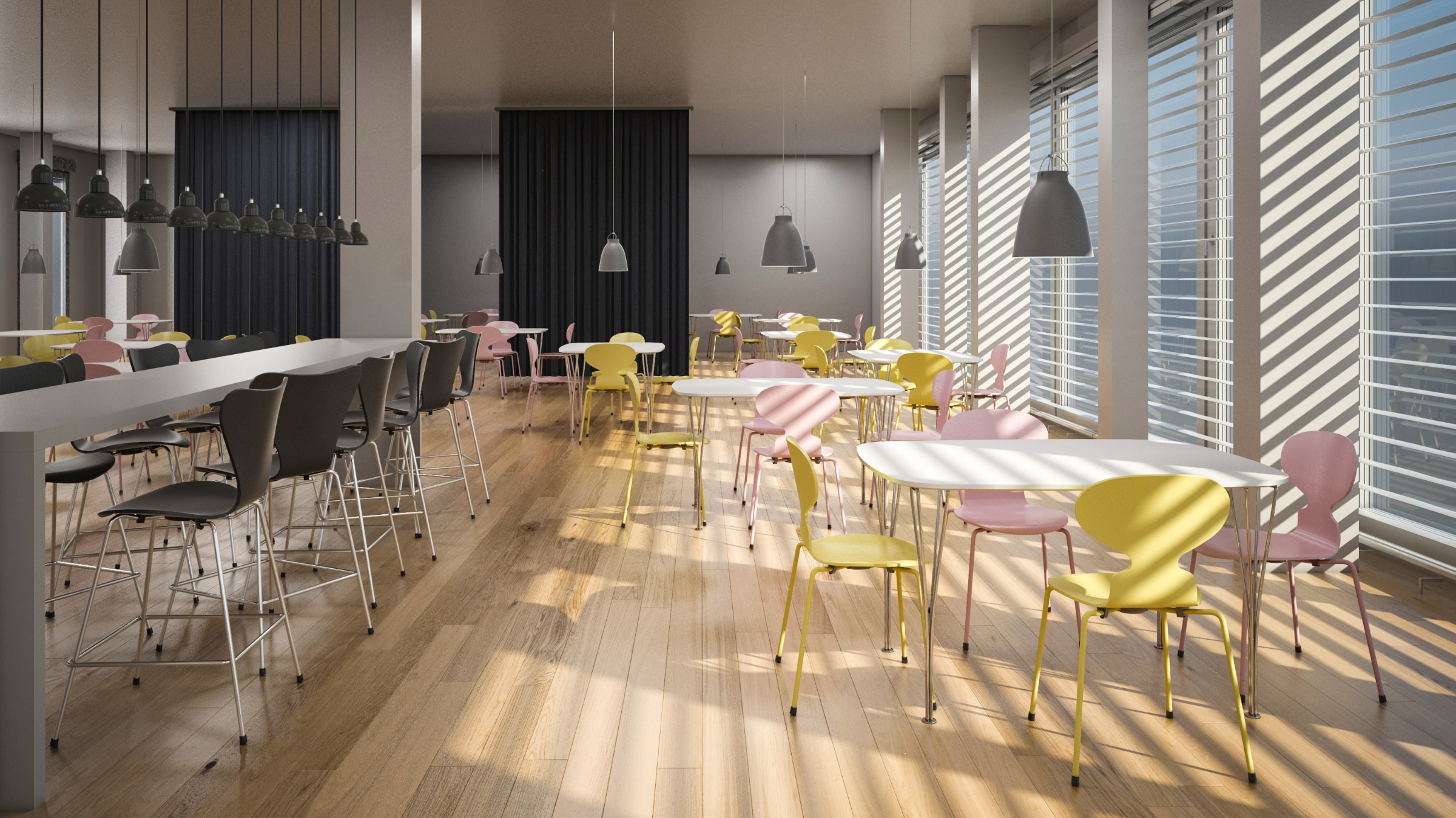 Fritz Hansen Myren™ stole i gul og rosa i stort kantinemiljø med Serie 7™ barstole