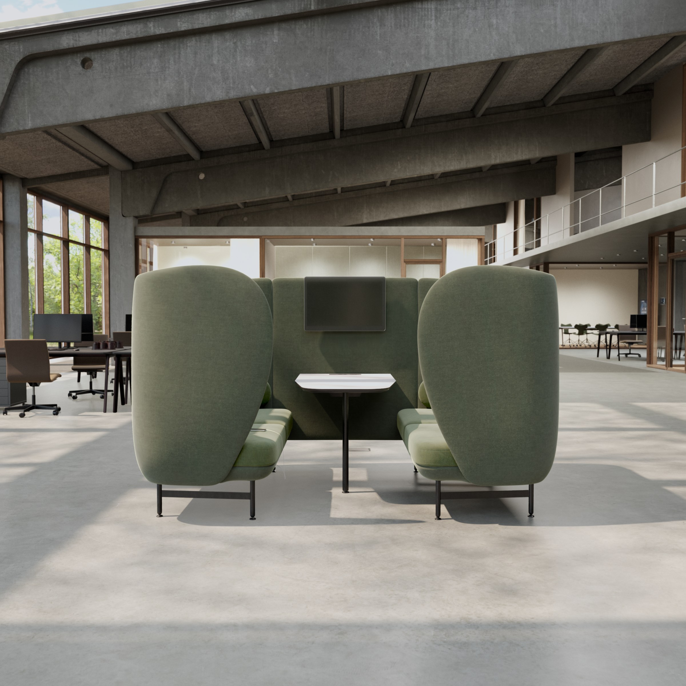 Fritz Hansen Plenum™ Cabin med bord og skærm i kontormiljø