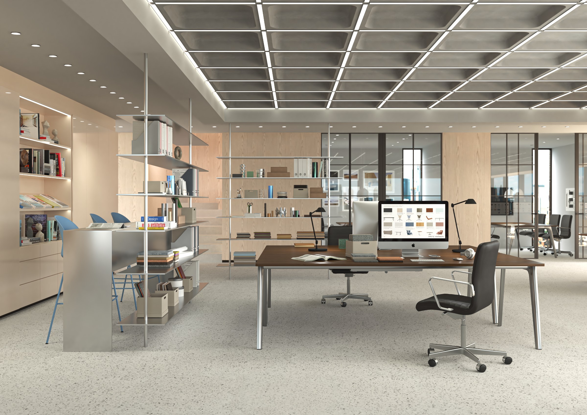 Fritz Hansen Pluralis™ bord i kreativt kontormiljø med Oxford™ stole