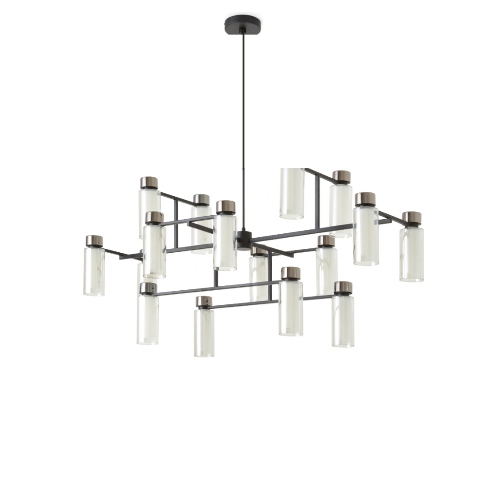 Osman Lysekrone 130 cm i mat sort med sort krom og røgfarvet glas – Tooy Osman Lysekrone 130 cm i mat sort med sort krom og røgfarvet glas – Tooy